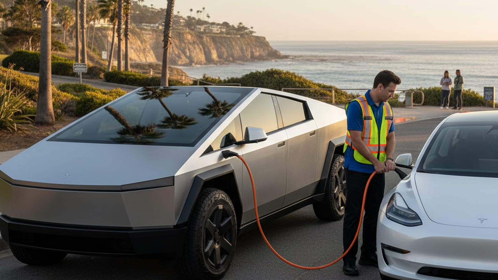 Roadside operator truck parked next to a stalled electric car on a paved shoulder