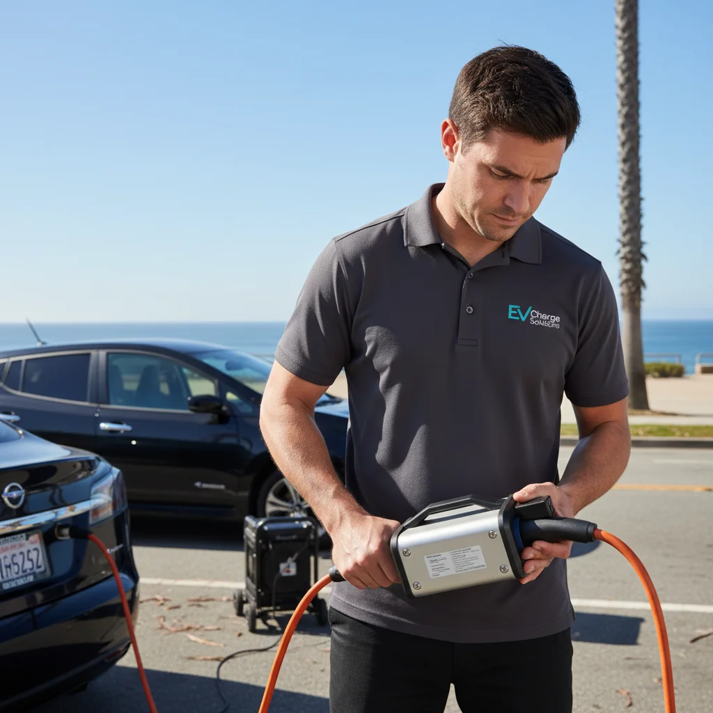 Charging cable connected to an electric car port at a curbside stall