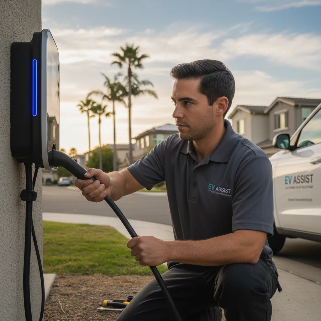 A technician plugging a charging cable into an EV at the curb