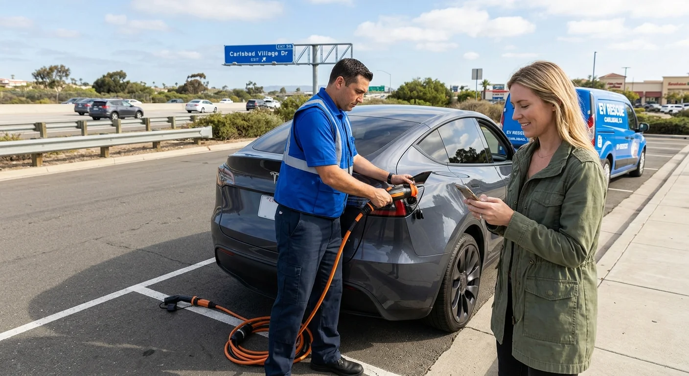 An electric vehicle parked on a roadside shoulder after a stall, with hazard lights on