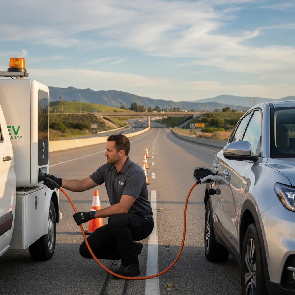 An electric SUV stopped on a paved highway shoulder with hazard lights flashing