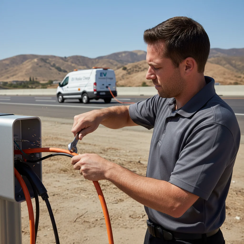 A technician connecting a charging cable to an electric car at the curb