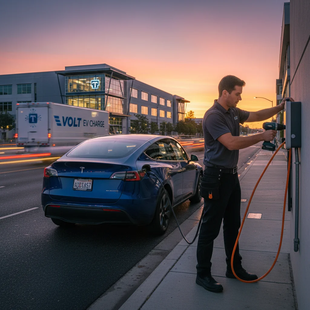 An electric SUV stopped on a paved shoulder at dusk with hazard lights on