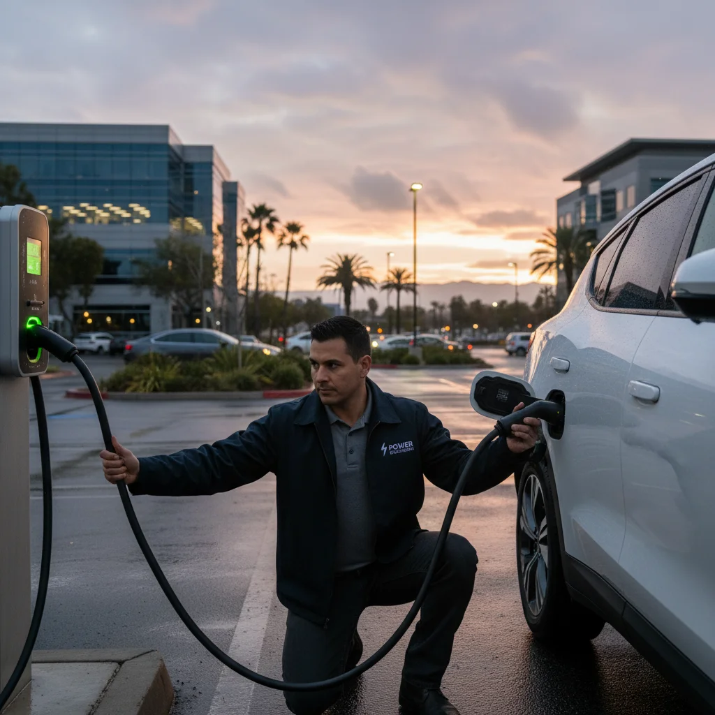 A technician plugging a charging cable into an EV in a parking lot