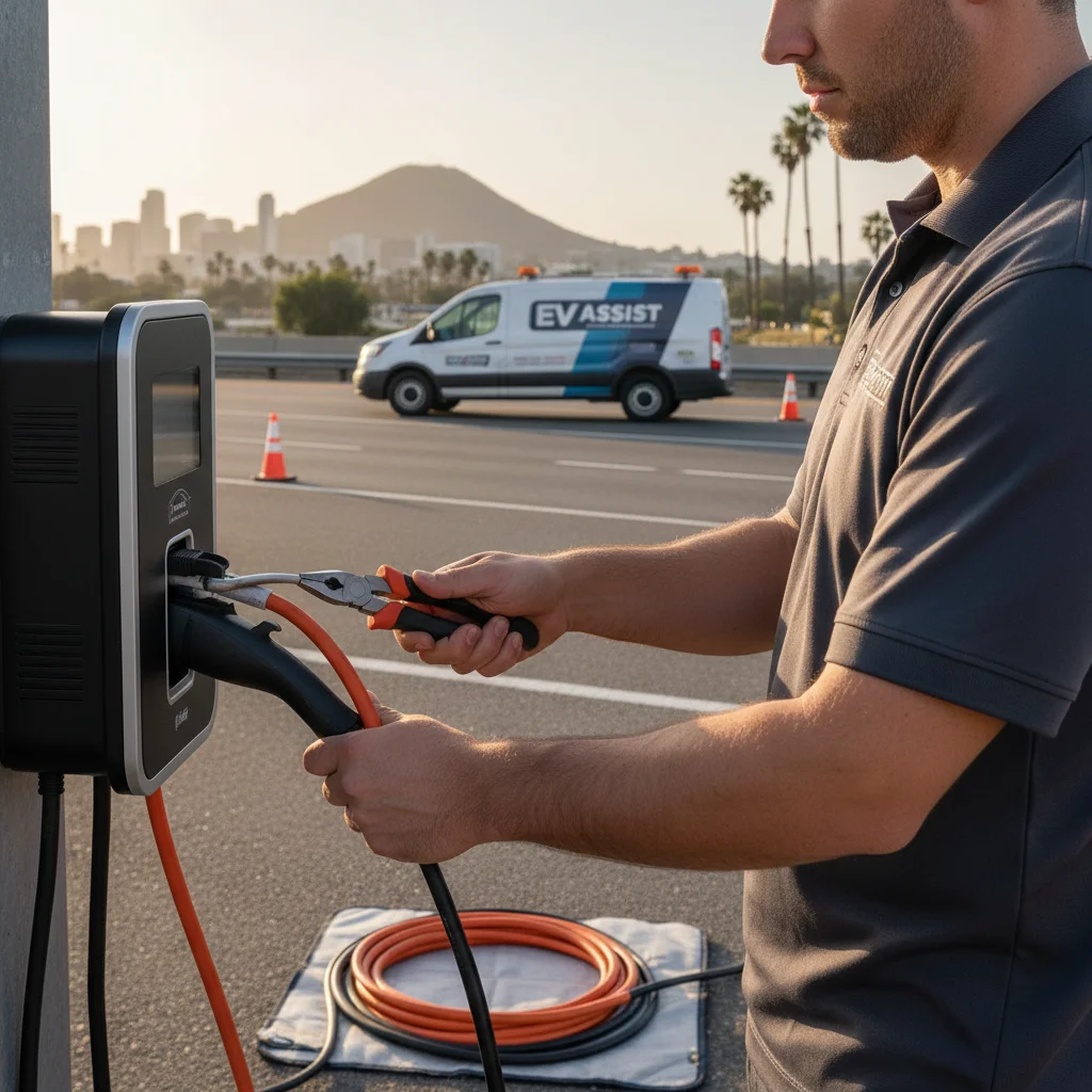 Technician in a dark jacket connecting a portable charger cable to a parked EV