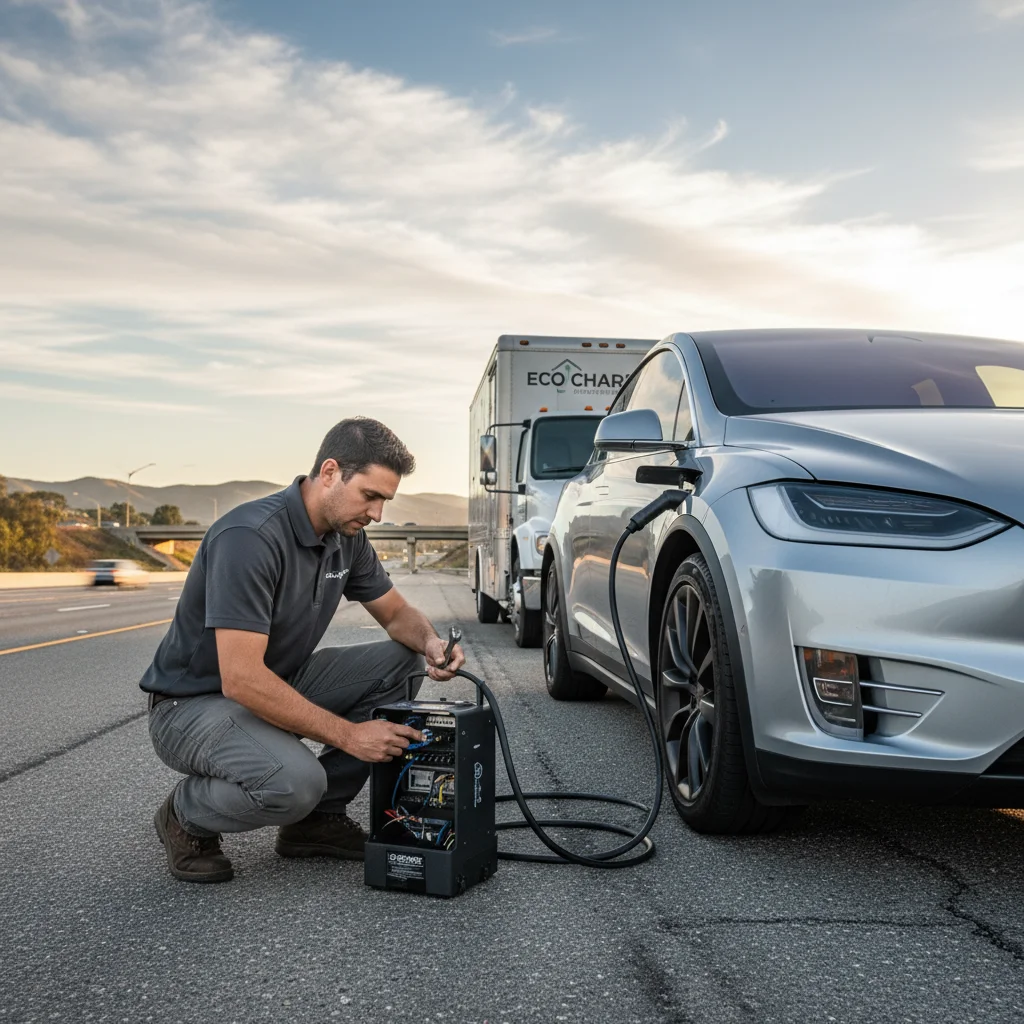 An electric SUV parked on a highway shoulder with a charging cable at the port