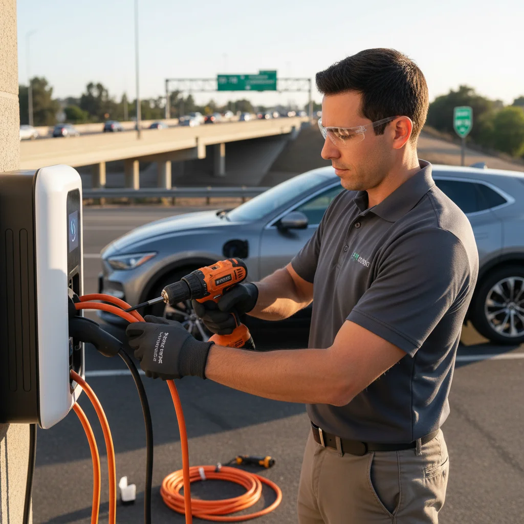 A technician plugging a portable charger into an EV on a paved shoulder