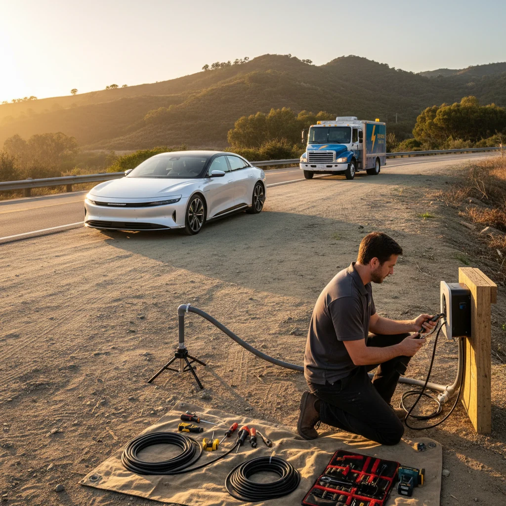 An electric car stopped on a paved shoulder with its charge port door open