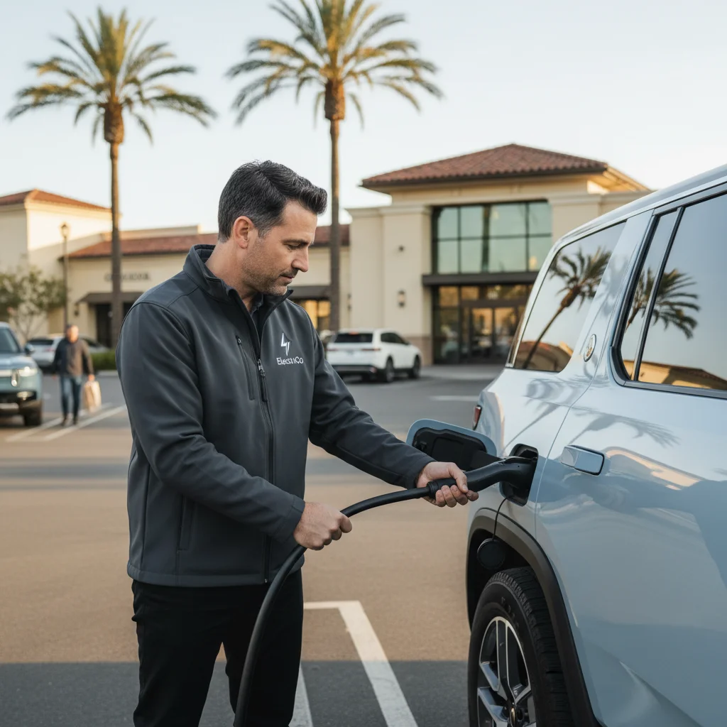 A technician plugging a mobile charging cable into a parked electric SUV