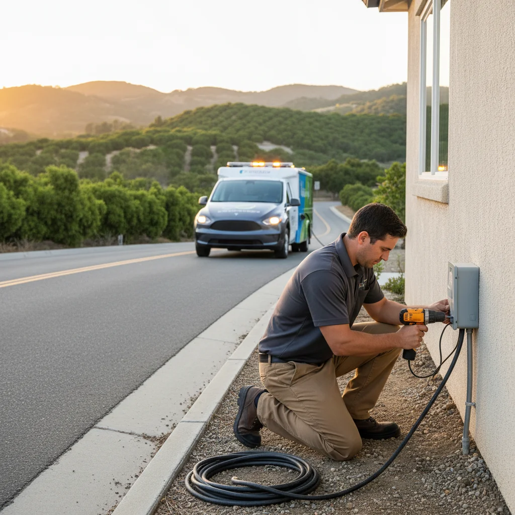 A white electric SUV stopped on a paved shoulder with its charge port closed
