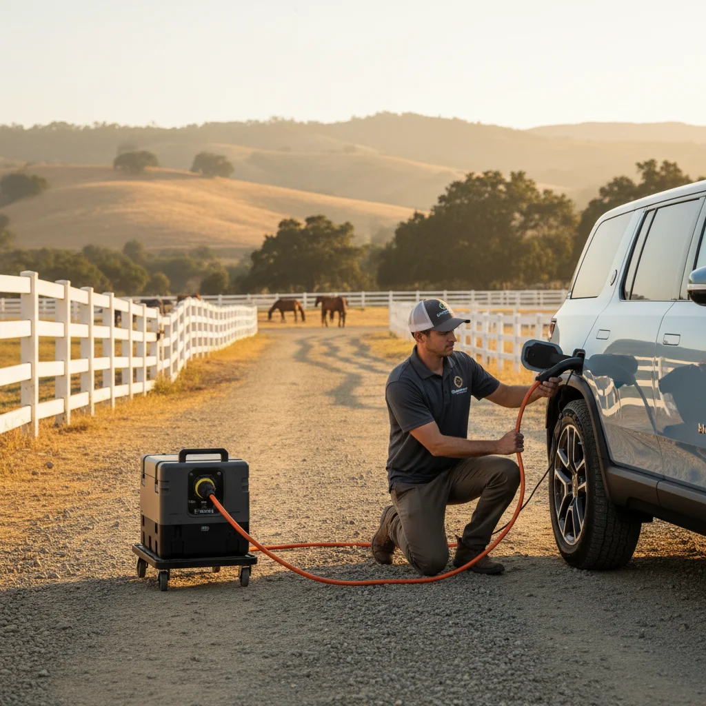A technician plugging a portable charger into an electric vehicle in a driveway