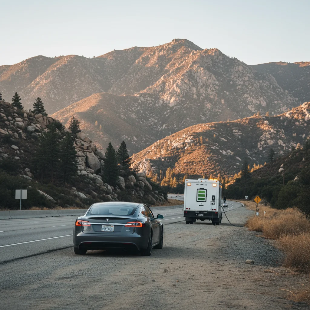 Electric car stopped on a paved highway shoulder with its hazard lights on