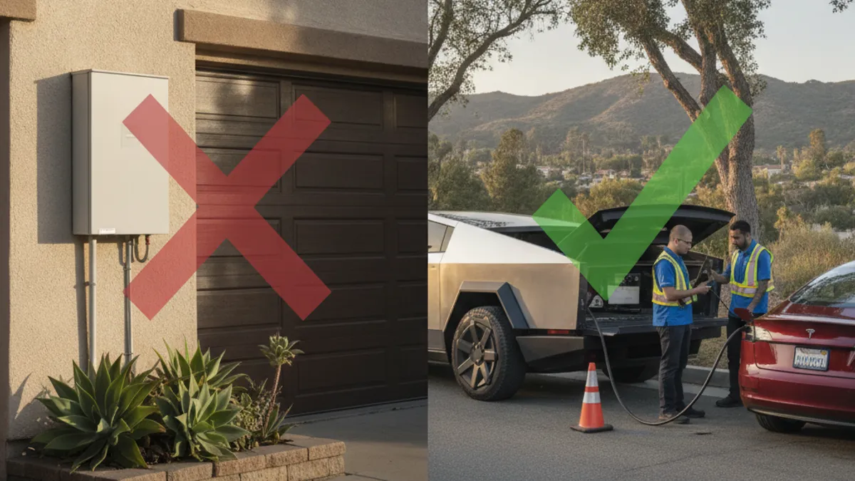 Split scene of a wall-mounted home battery with a red X, and a mobile charging truck plugged into an EV with a green check.