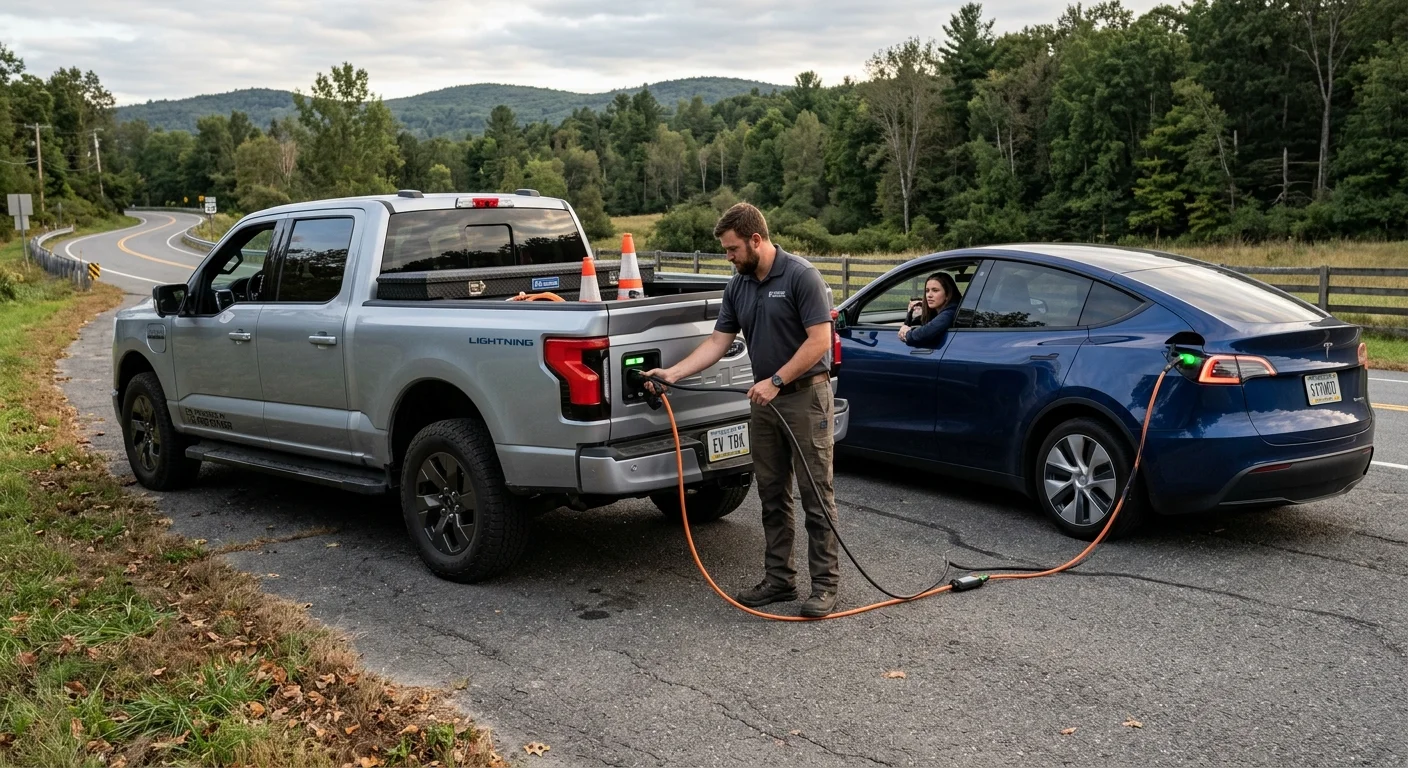 Electric pickup truck on pavement with a charging cable plugged in at the front