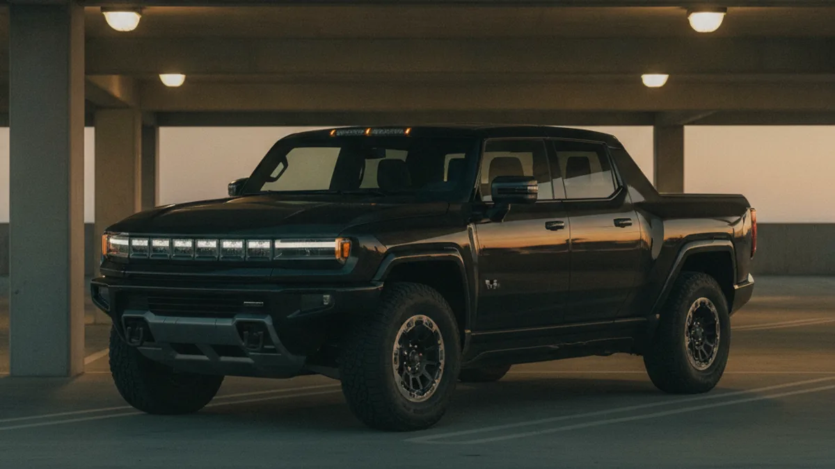 A large electric pickup in a dim parking garage with a dark cabin and no interior lights on.