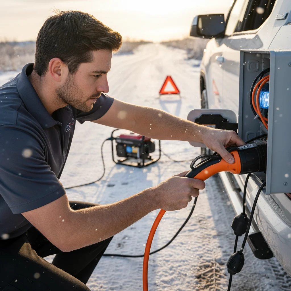 A charging cable plugged into an EV port on a roadside pickup