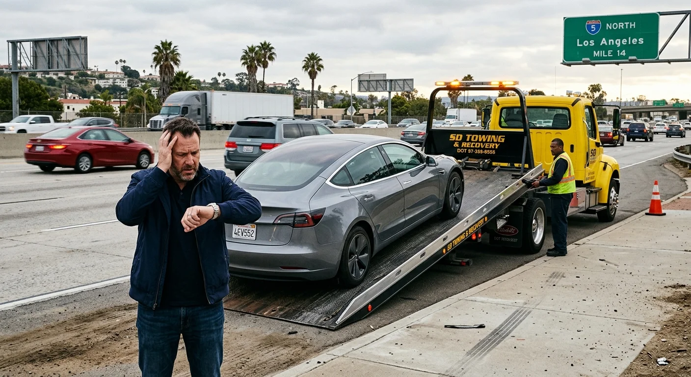 A flatbed tow truck loading an electric car from a highway shoulder while a driver waits nearby.