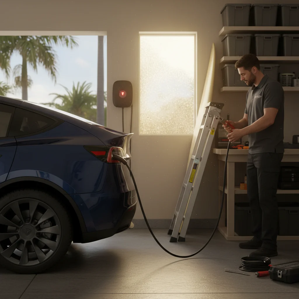 A charging cable connected to a parked electric car at the curb