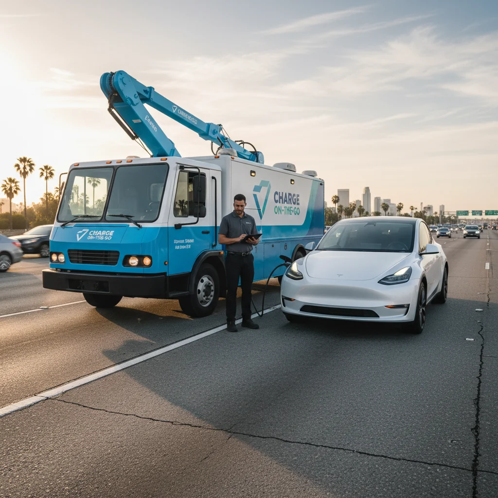 A mobile EV charging truck connected by cable to a stranded car on a roadside shoulder