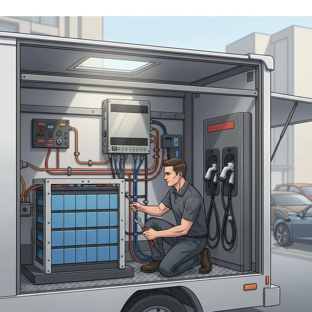 Charging cable and onboard equipment on a mobile EV rescue truck during a stop