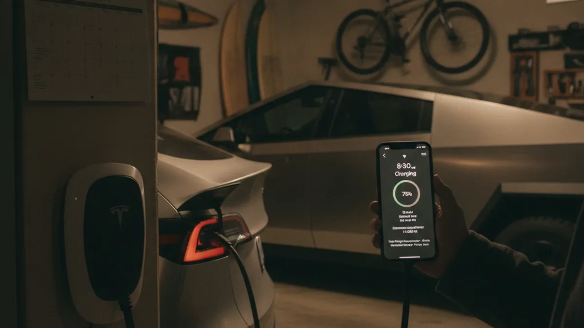 A Tesla plugged into a wall charger in a garage at night, with a phone showing a charging app on screen.