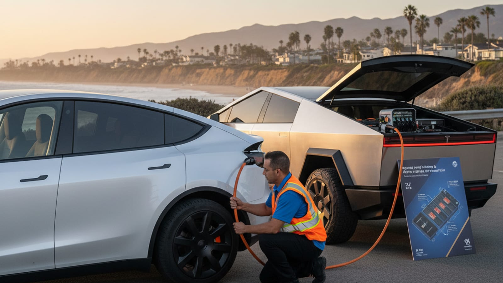 An electric crossover parked on a paved roadside shoulder with a charging cable at the port