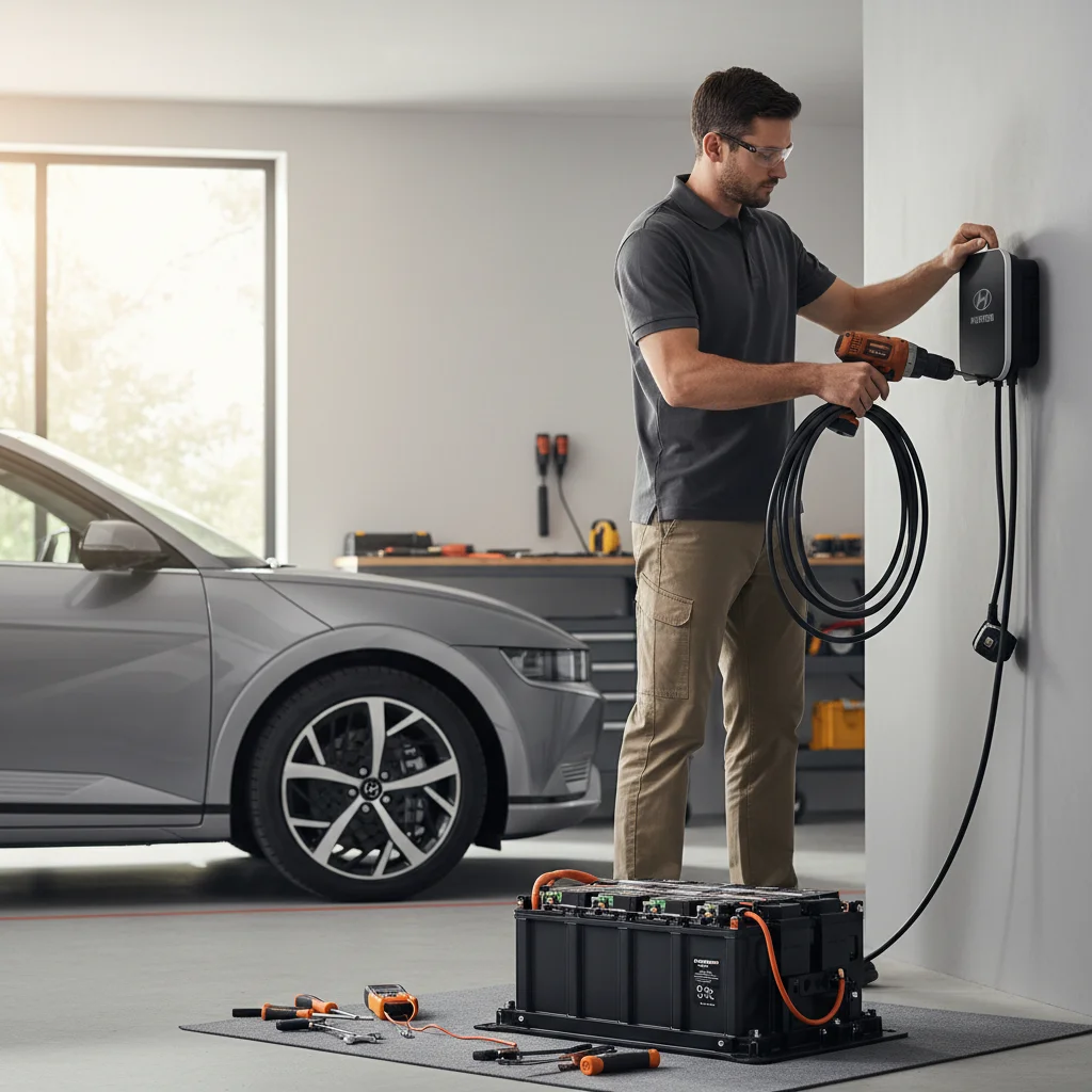 A charging cable plugged into an electric crossover at a public stall