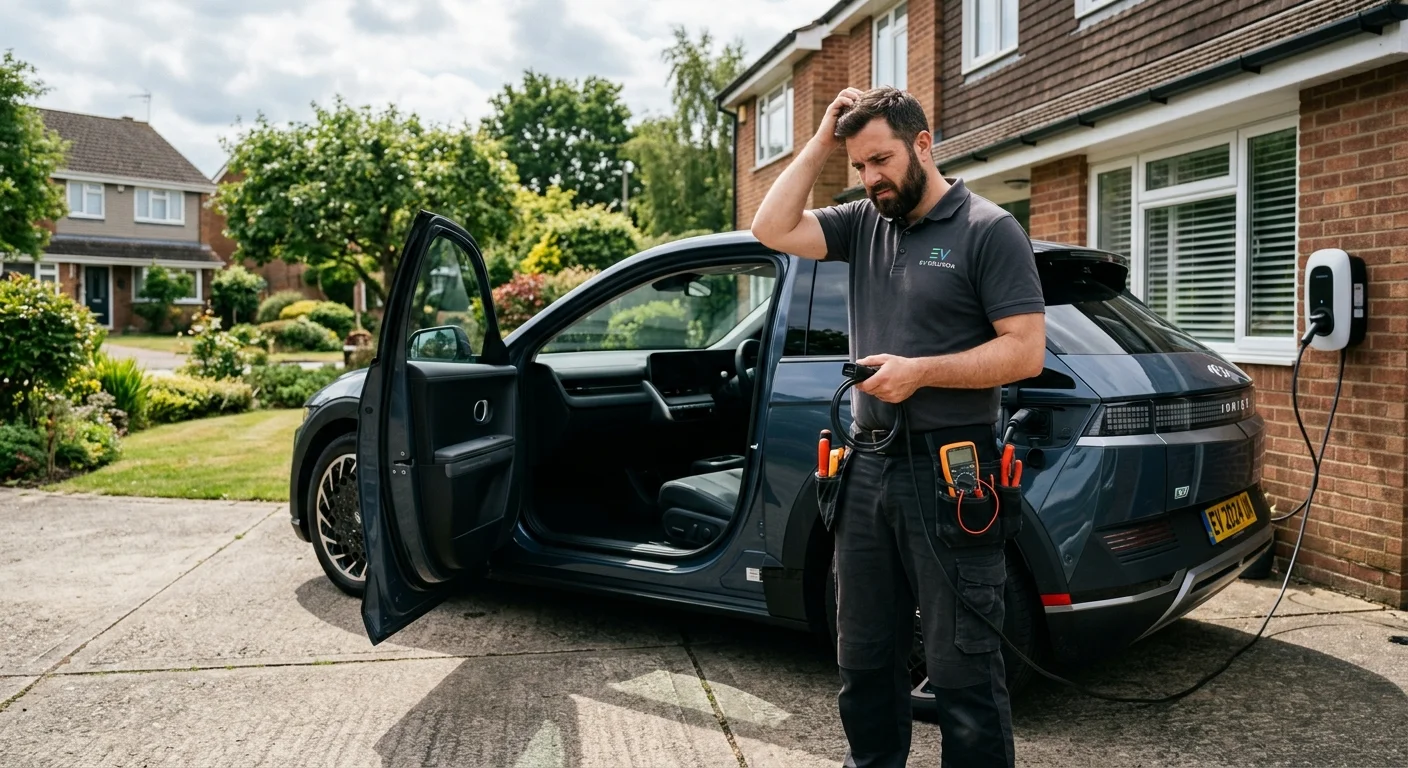 Dark electric crossover in a driveway with a black dashboard and closed charge port