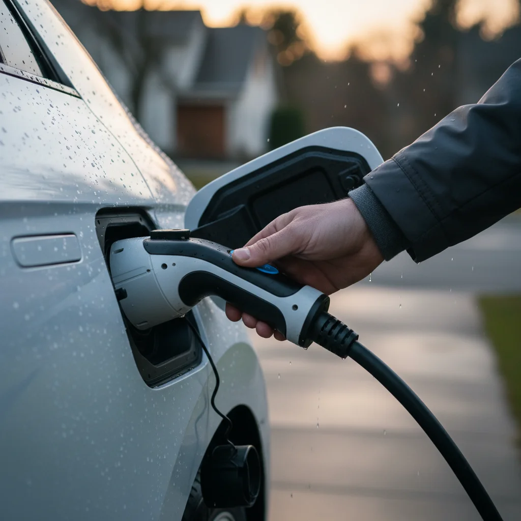 Driver's hand pulling a CCS handle that stays locked in an EV charge port