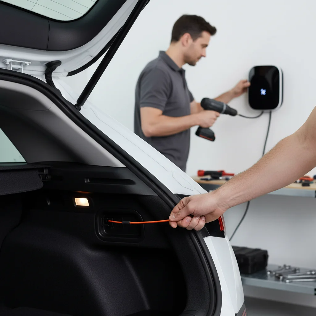Hand pulling a manual charge-port release cable from a cargo trim panel