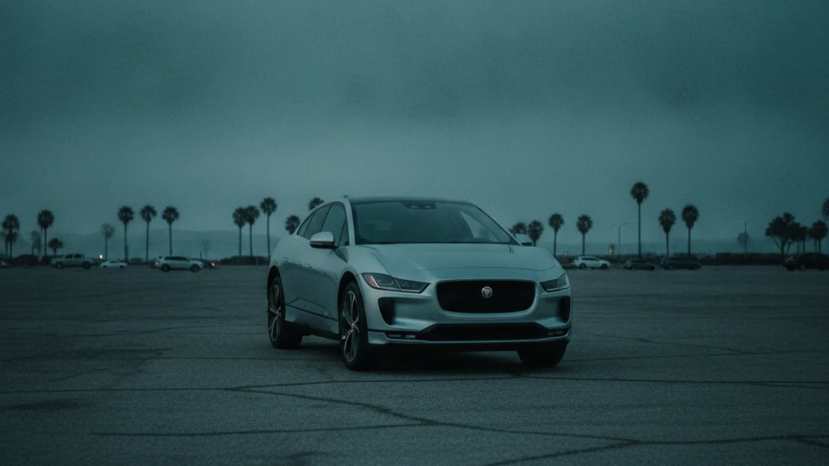Jaguar I-Pace electric SUV parked in a dim lot at dusk with a dark unlit dashboard