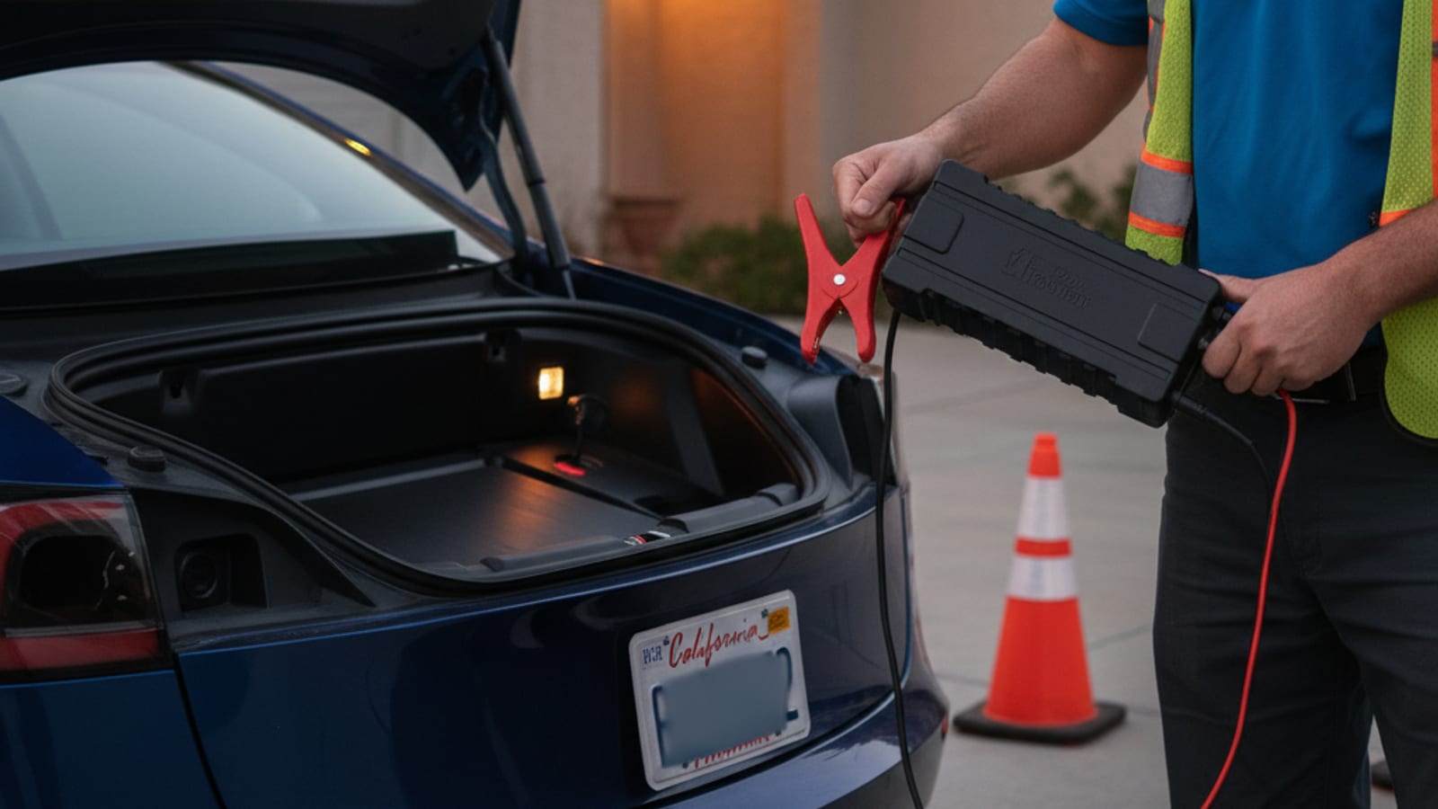 Compact lithium jump pack and jumper leads set on pavement beside an EV front bumper