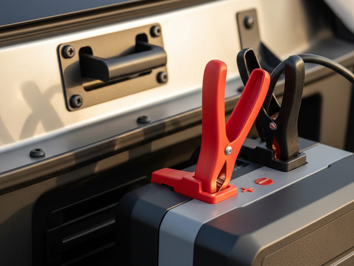 Red and black jumper leads clipped to labeled positive and ground posts on a jump pack