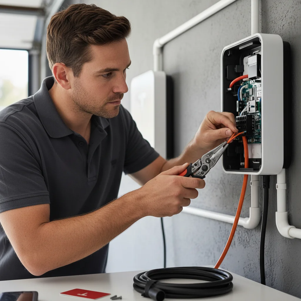 Open Tesla frunk with the 12-volt battery and red positive jump post visible