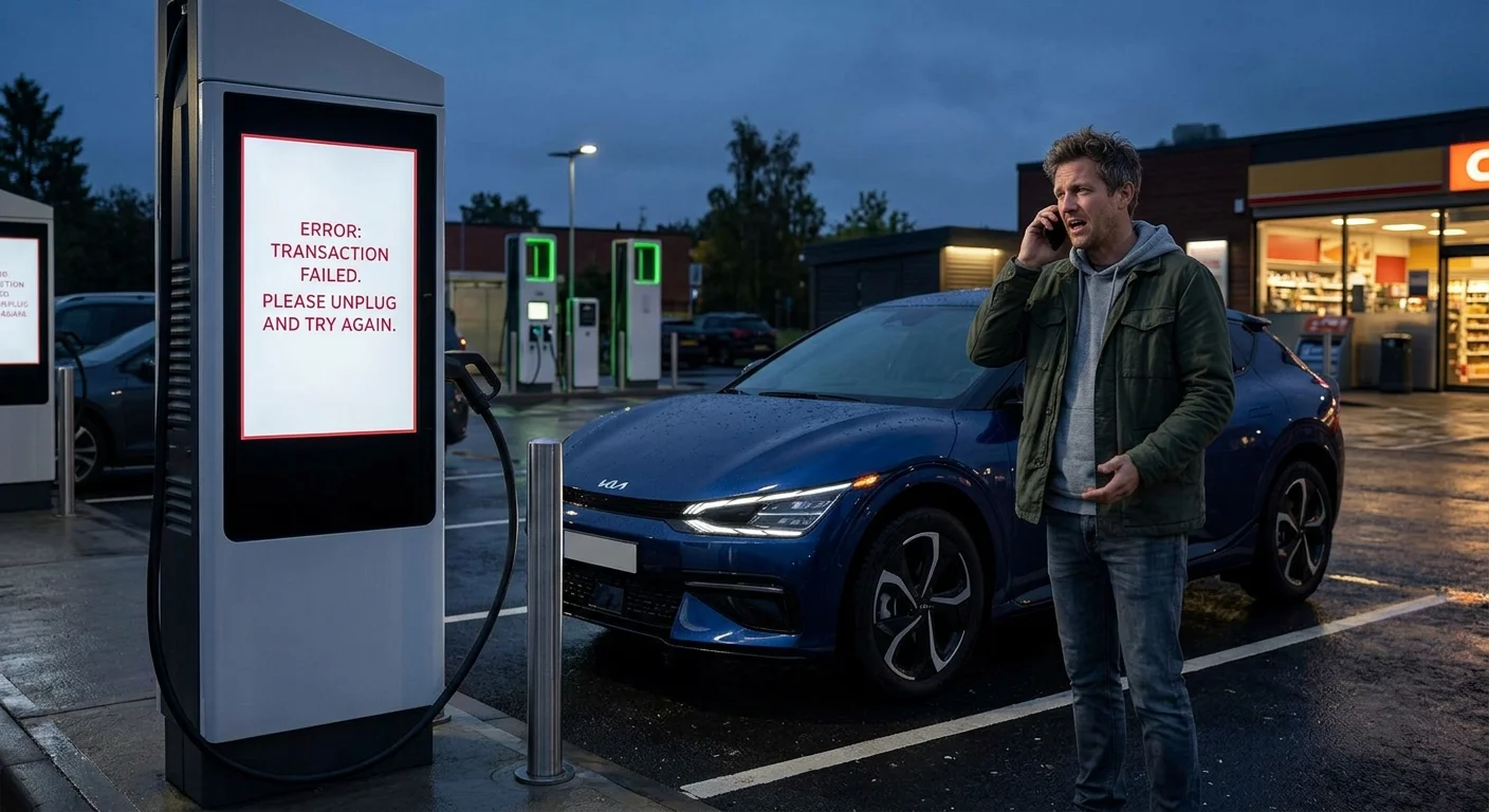 A Kia EV6 at a public charging stall at dusk with an error on the station screen