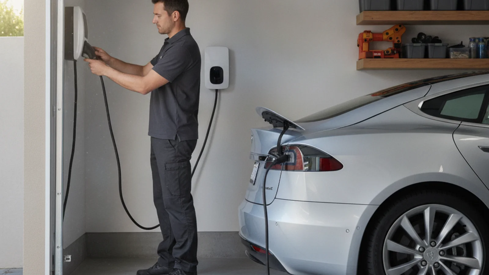 A small charger plugged into a 120-volt outlet in a residential garage with a sedan nearby
