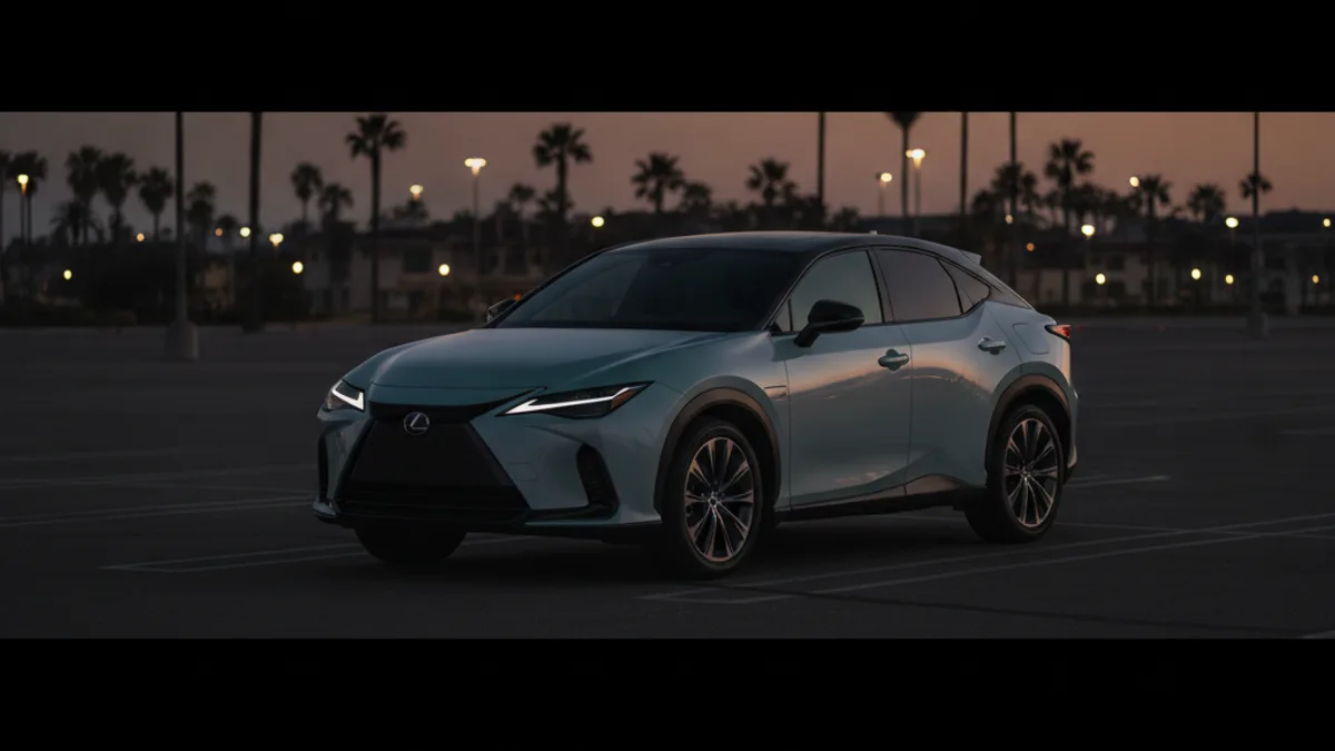 A dark electric crossover in a dim parking lot at dusk with an unlit dashboard after sitting unused.