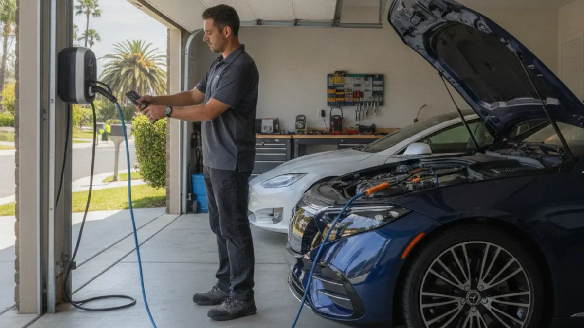 Technician connecting jump cables to underhood terminals on a silver Mercedes EQE in a parking area at dusk.
