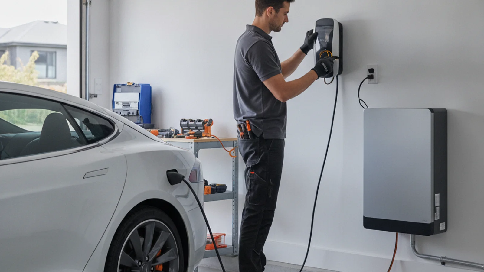 A portable power station and a small EV charger on a garage floor with daylight coming through the open door
