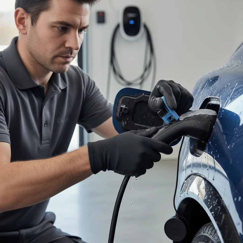 Hands lifting a front-trunk lid to reach a charge-port release strap