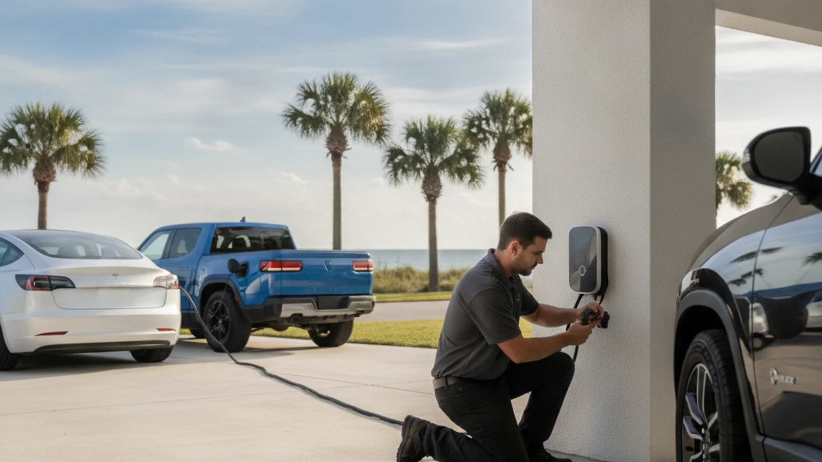 A compact electric car parked at a public charger outside a small Florida store