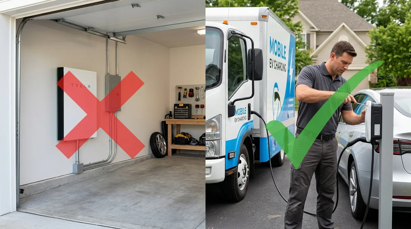 Split scene of a wall-mounted home battery with a red X beside a mobile charging truck helping an EV with a green check