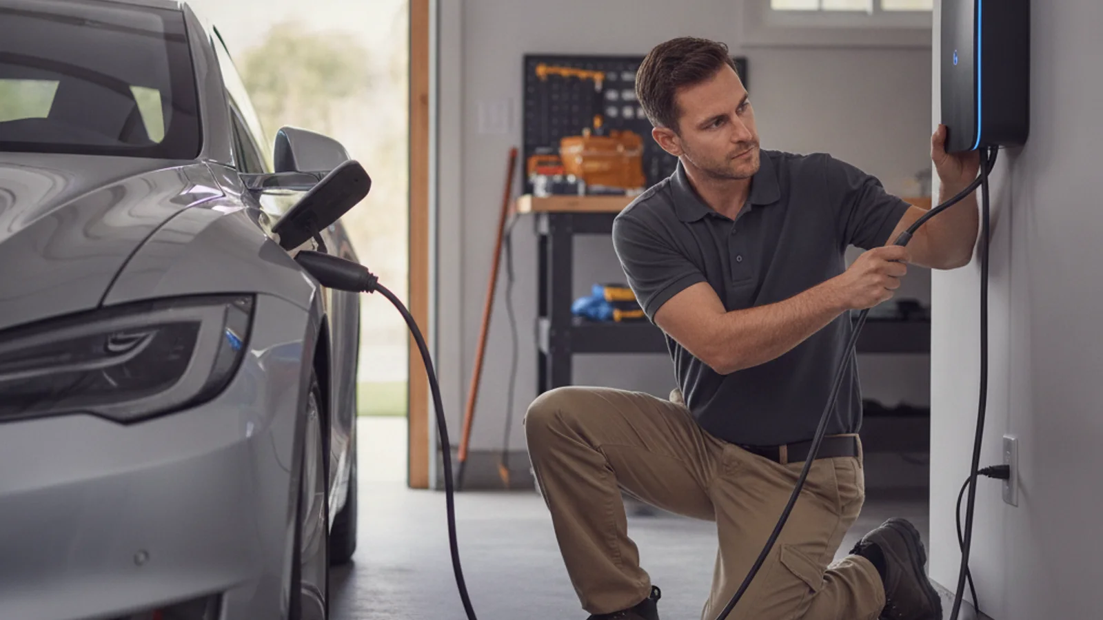 An electric car plugged into a public charger with a confused driver standing next to it at dusk