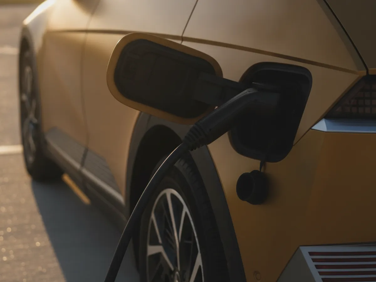 Close-up of a CCS charging cable and adapter connected to a rear charge port during a mobile charging session