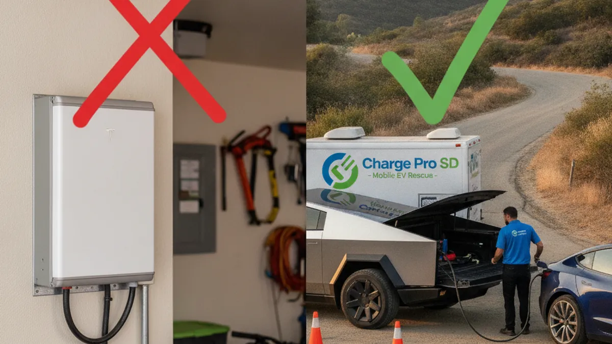 Split view of a wall home battery marked with a red X and a mobile charging truck at a stranded EV marked with a green check