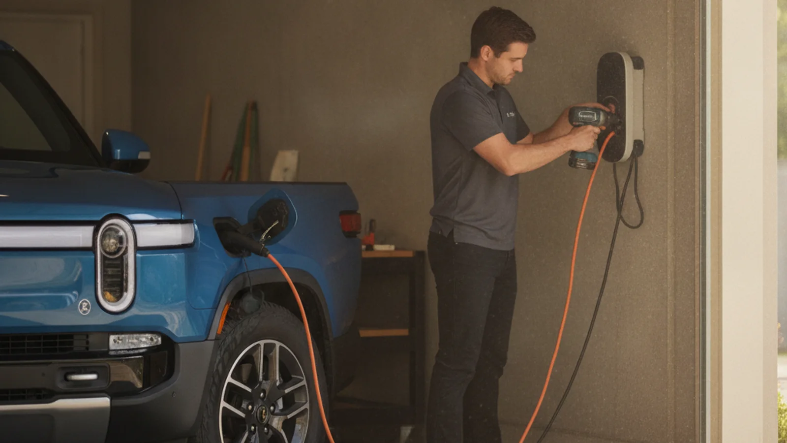 A close-up of a charging cable connected to an electric pickup truck at the side of a road