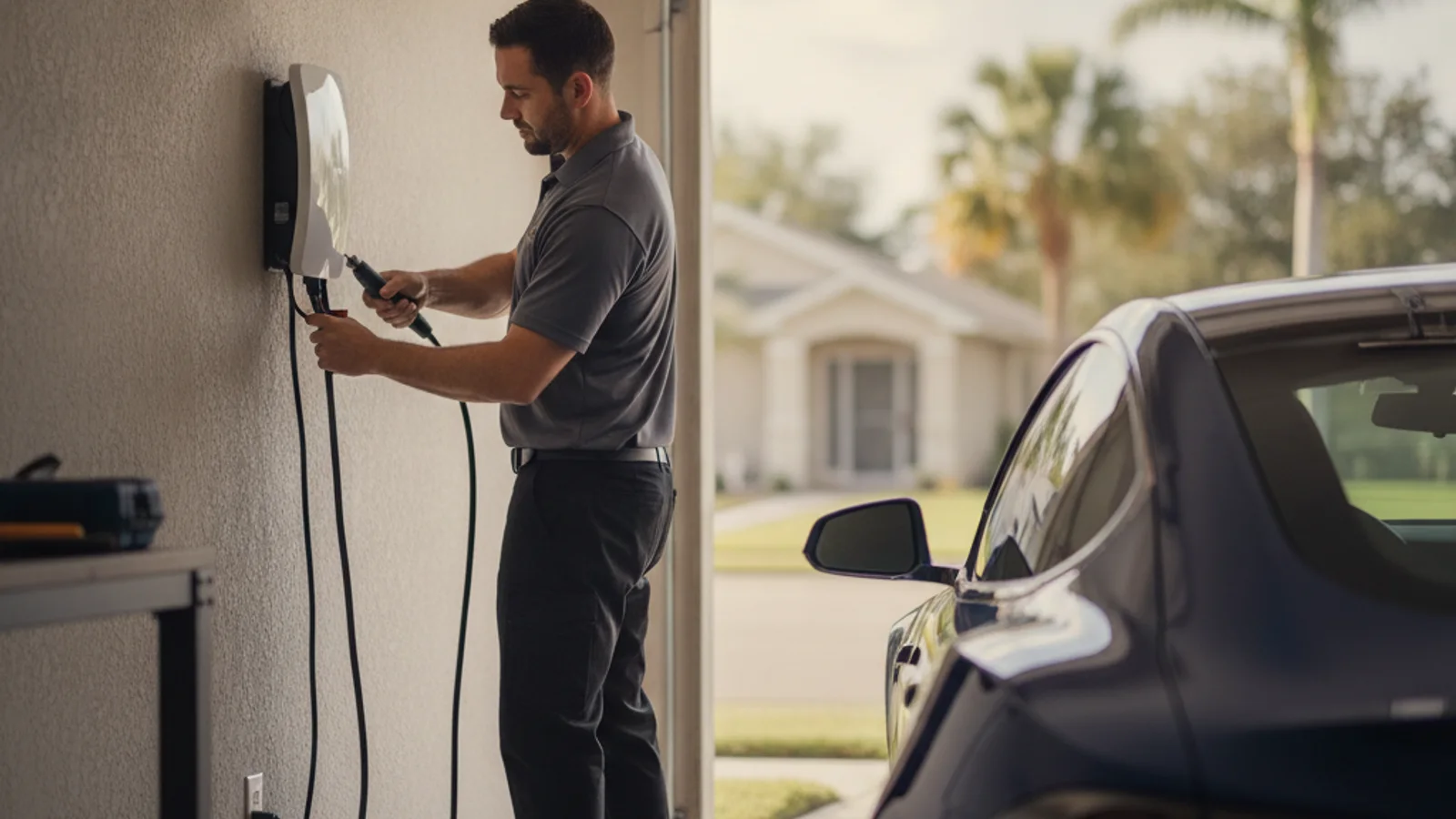 A driver looking at a phone screen while standing next to a sedan in a sunlit driveway
