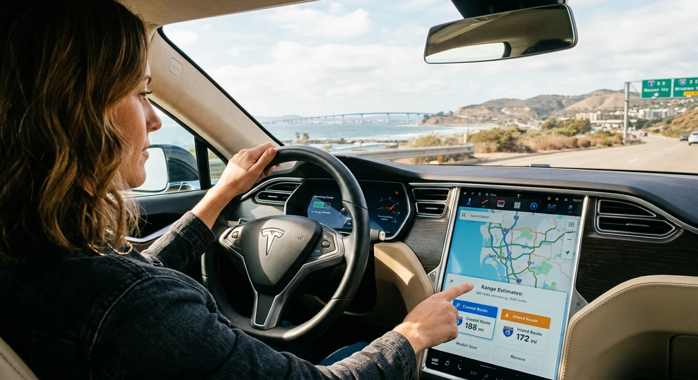 An electric sedan on a paved shoulder while a driver checks the dash