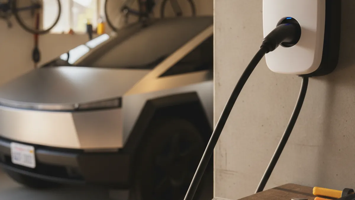 Electric car at a curb with a charging cable plugged into the charge port