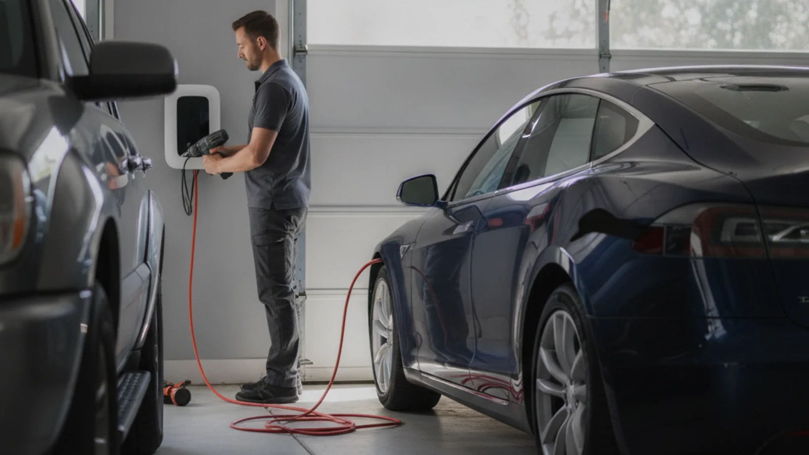 Two cars nose to nose in a driveway with jumper cables between them at midday
